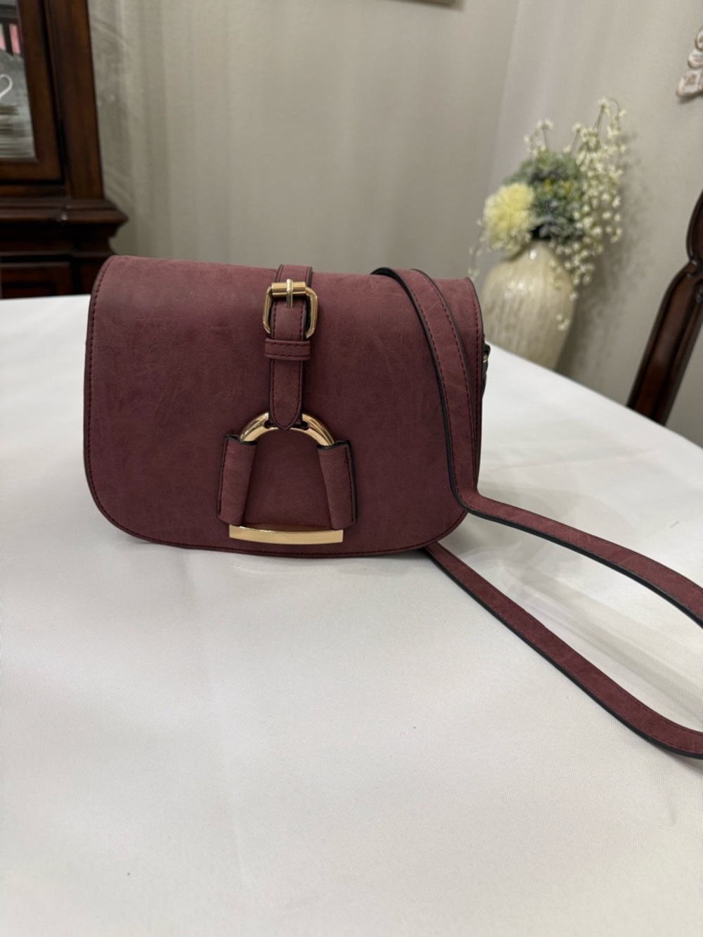 Classic Burgundy Crossbody Saddle Bag - Women's Shoulder Purse